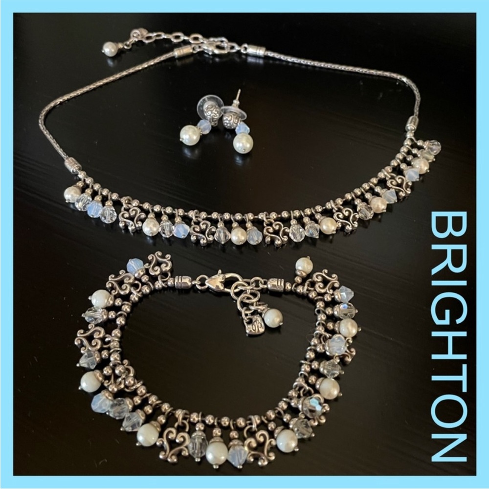 💒BRIGHTON NECKLACE EARRINGS BRACELETS MATCHING 3 Pc SET ~ PEARL CRYSTAL - Picture 6 of 16